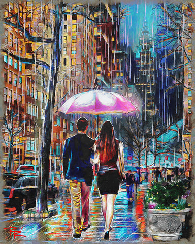 Umbrella Couple Art, Rainy Day Painting, Romantic Walk in the Rain